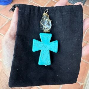 Turquoise Cross Pendant with Wire-Wrapped Crystal